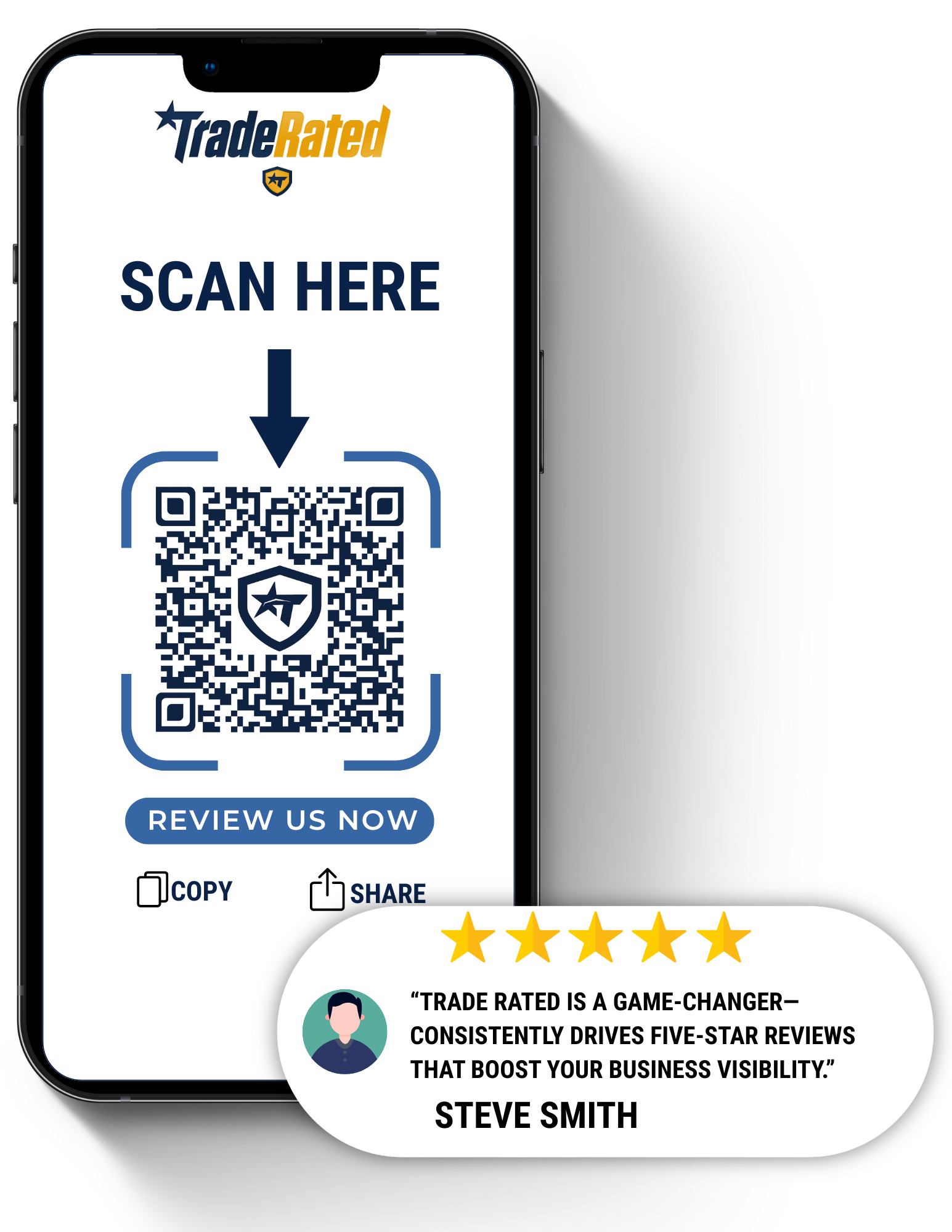 TradeRated mobile app showing SCAN HERE QR code interface with customer testimonial